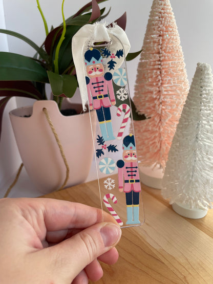 Blue Nutcrackers Holiday Clear Acrylic Bookmark with Chiffon Ribbon