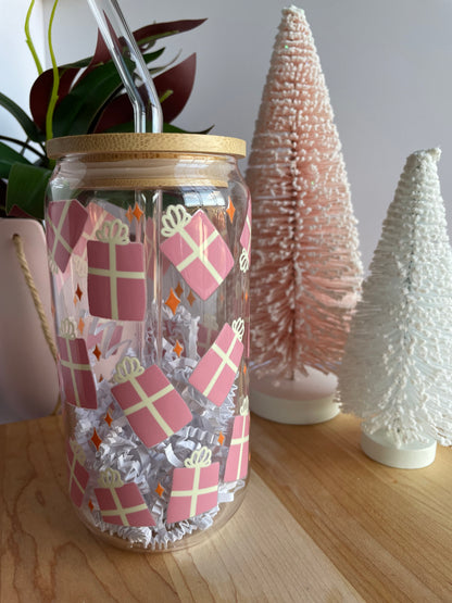 Pretty Pink Presents Glass Cup with Bamboo Lid and Glass Straw