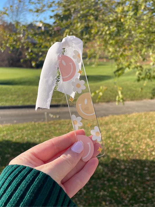 Smiley and Daises Cute Acrylic Bookmark with Chiffon Ribbon
