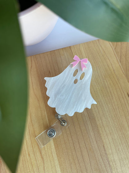 Pearl White Ghostie Bow Acrylic Badge Reel