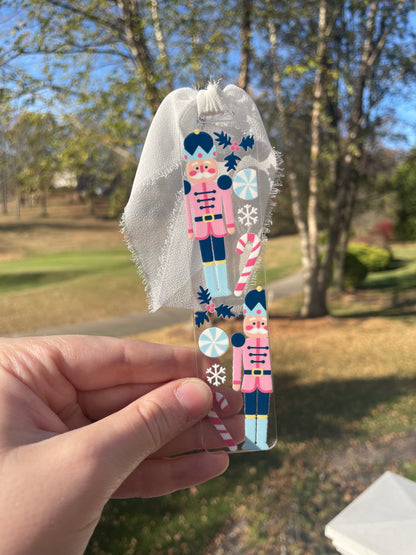 Blue Nutcrackers Holiday Clear Acrylic Bookmark with Chiffon Ribbon