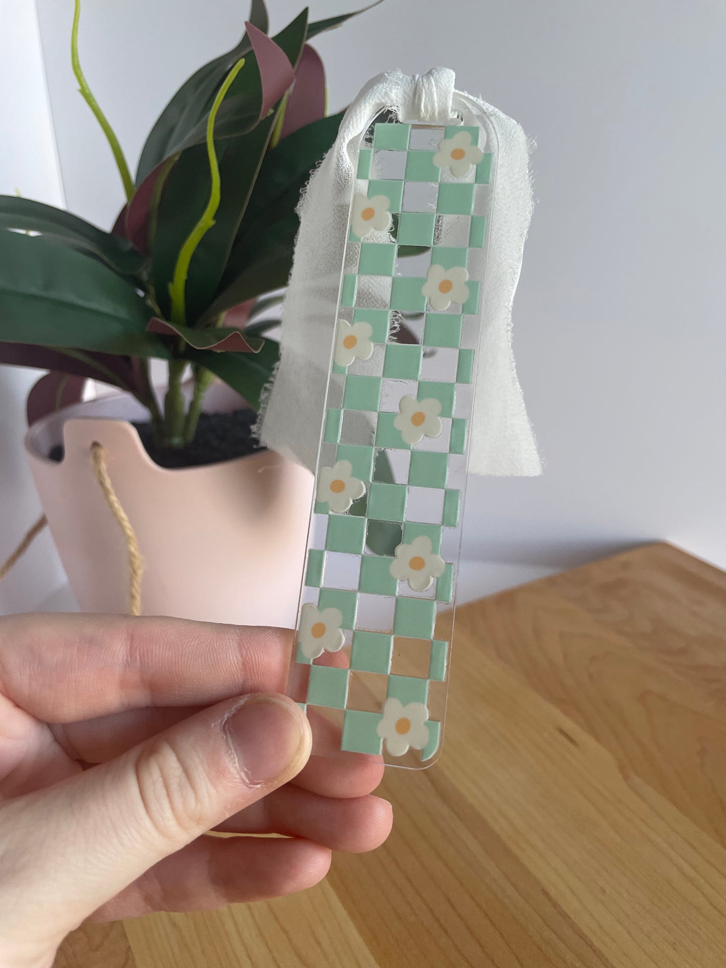 Teal Checkered Daises Clear Acrylic Bookmark with Chiffon Ribbon