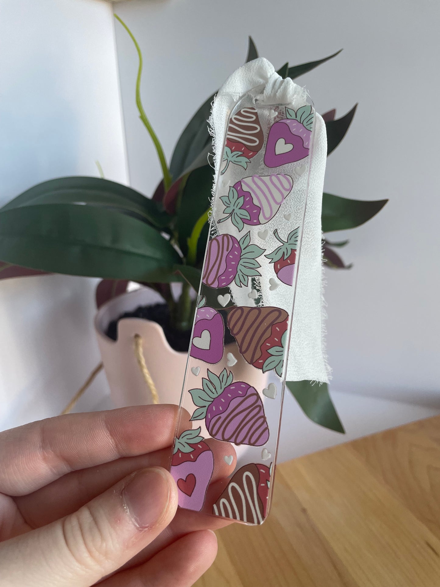 Chocolate Covered Strawberries Clear Acrylic Bookmark with Chiffon Ribbon