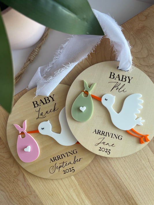 Arriving Baby Stork Wooden Gift Tag with Chiffon Ribbon