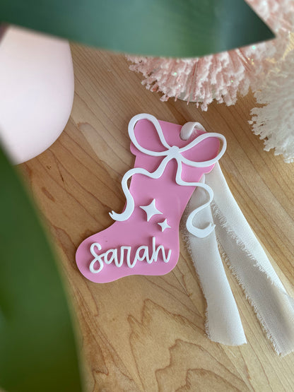 Holiday Stocking Custom Name Gift Tag with Chiffon Ribbon