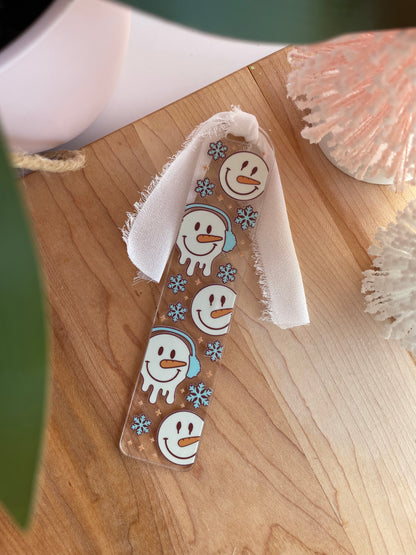Snowmen and Snowflakes Clear Acrylic Bookmark with Chiffon Ribbon