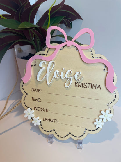 Custom Bow and Flowers Baby Announcement Sign