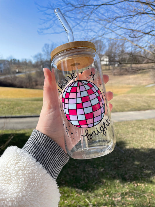 Shine Bright Disco Ball Glass Cup with Bamboo Lid and Glass Straw