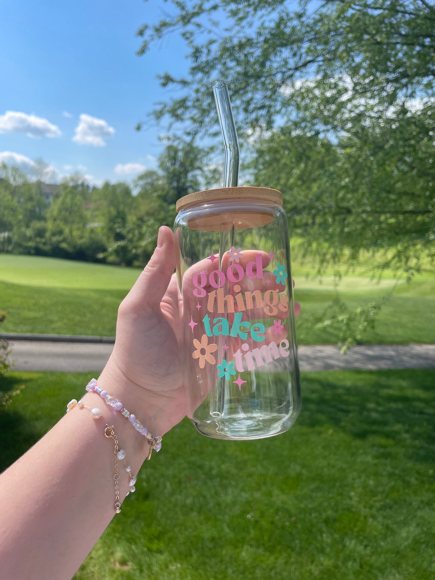 Good Things Take Time Colorful Glass Cup with Bamboo Lid and Glass Straw
