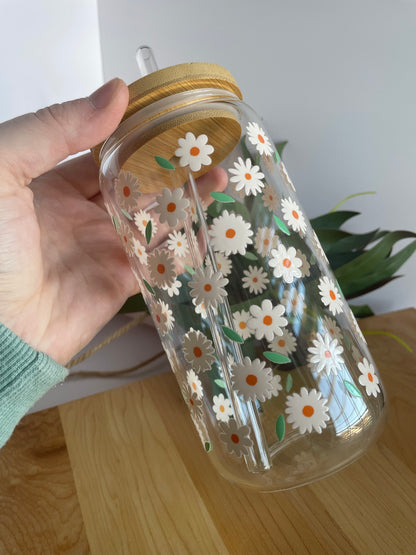 Pretty Daises Glass Cup with Bamboo Lid and Glass Straw