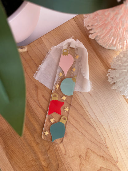 Christmas Ornaments Clear Acrylic Bookmark with Chiffon Ribbon