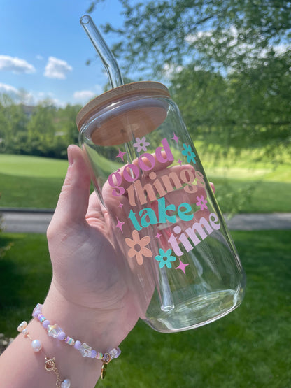 Good Things Take Time Colorful Glass Cup with Bamboo Lid and Glass Straw