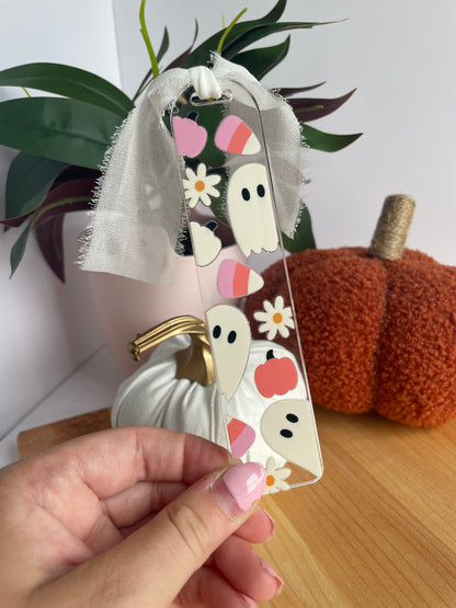 Ghosts and Candy Corn Clear Acrylic Bookmark with Chiffon Ribbon