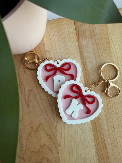 Pink Scalloped Heart with a Bow Custom Acrylic Keychain with Gold Features