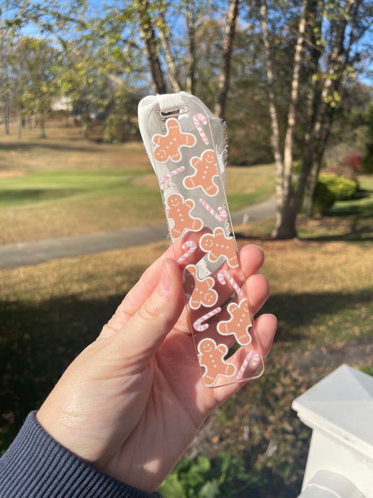 Gingerbread Cookies and Pink Candy Canes Clear Acrylic Bookmark with Chiffon Ribbon