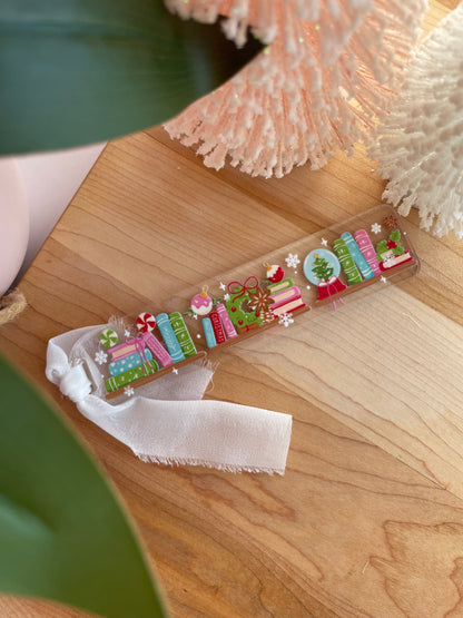 Christmas Bookshelf Clear Acrylic Bookmark with Chiffon Ribbon