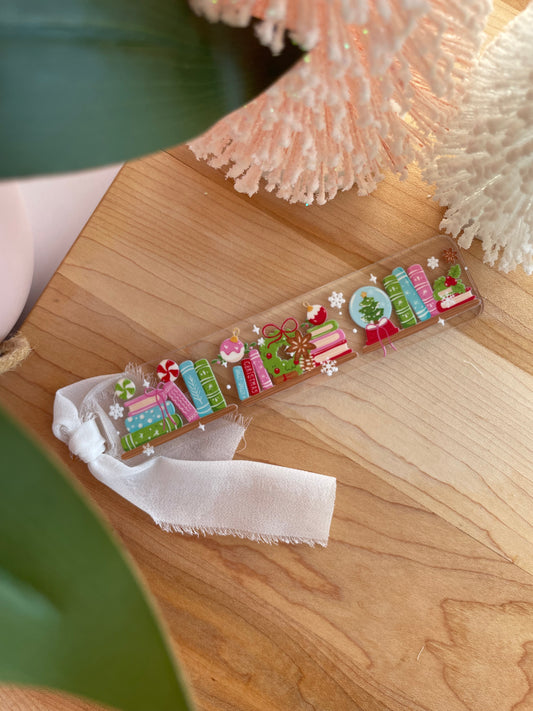 Christmas Bookshelf Clear Acrylic Bookmark with Chiffon Ribbon