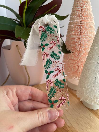 Candy Canes and Greenery Clear Acrylic Bookmark with Chiffon Ribbon
