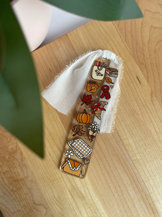 Fall Picnic Clear Acrylic Bookmark with Chiffon Ribbon