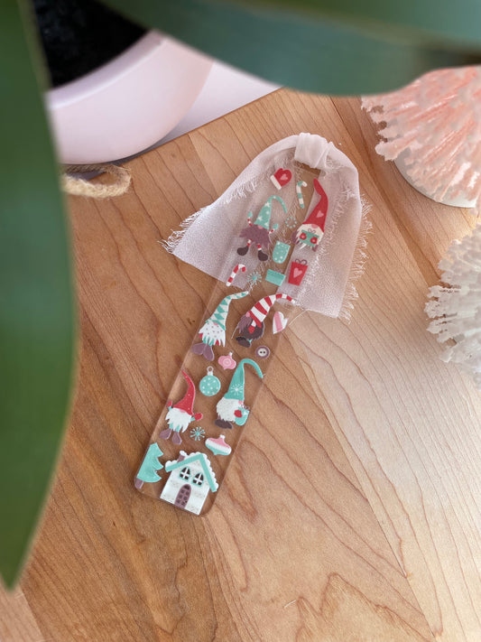 Holiday Gnomes Clear Acrylic Bookmark with Chiffon Ribbon