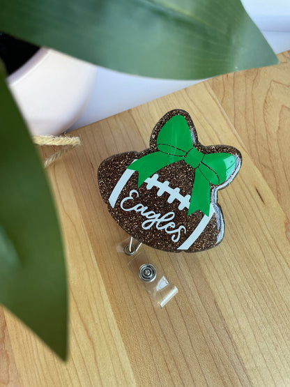 Eagles Glittery Football and Bow Acrylic Badge Reel