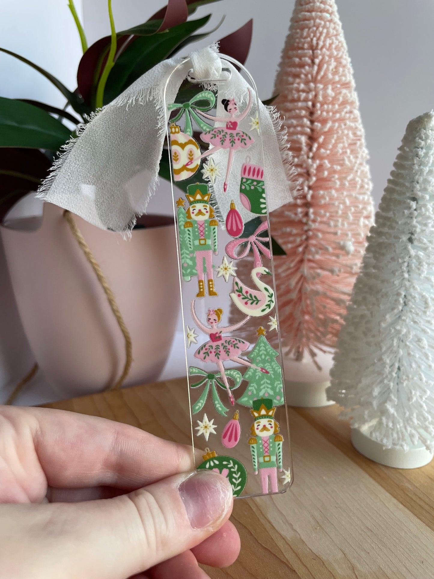 Beautiful Nutcrackers and Ornaments Clear Acrylic Bookmark with Chiffon Ribbon