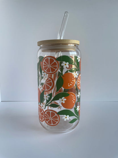 Summer Oranges Glass Cup with Bamboo Lid and Glass Straw