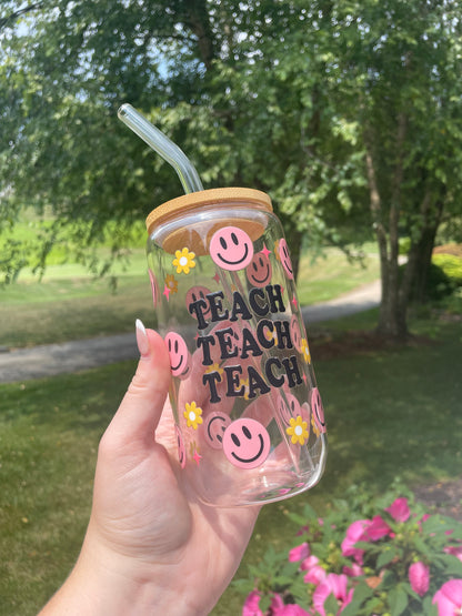 Happy Smiley Faces and Flowers Teaching Glass Cup with Bamboo Lid and Glass Straw