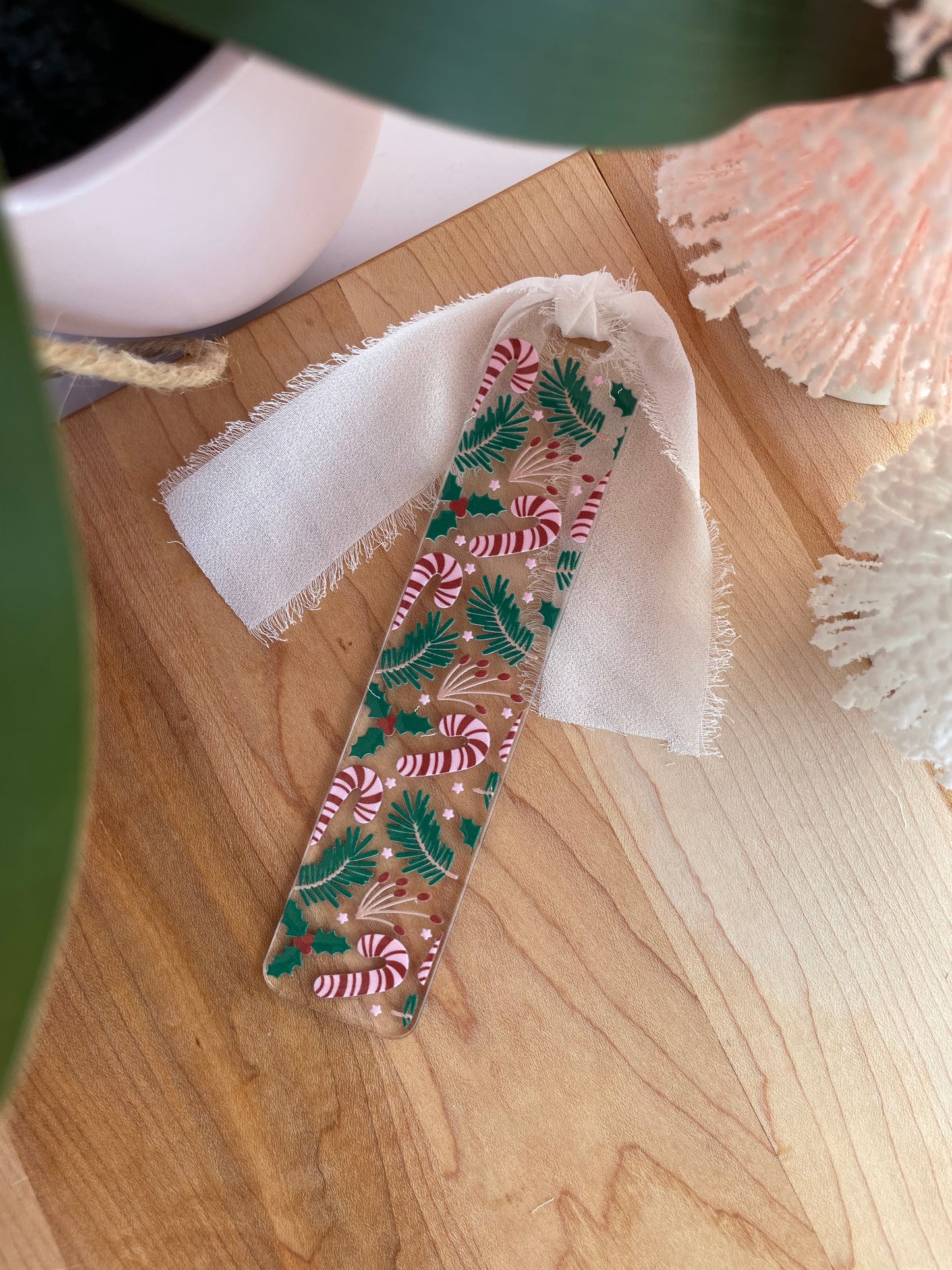 Candy Canes and Greenery Clear Acrylic Bookmark with Chiffon Ribbon