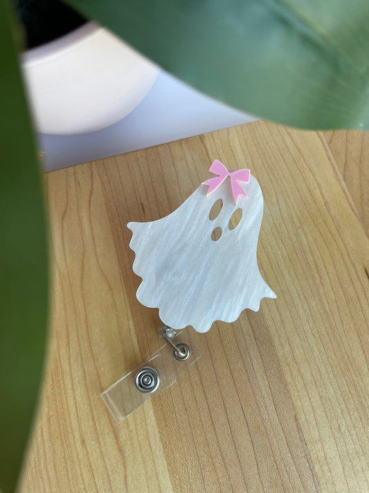 Pearl White Ghostie Bow Acrylic Badge Reel