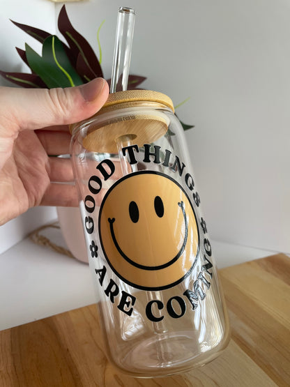 Good Things Are Coming Smiley Face Glass Cup with Bamboo Lid and Glass Straw