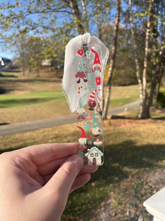 Holiday Gnomes Clear Acrylic Bookmark with Chiffon Ribbon