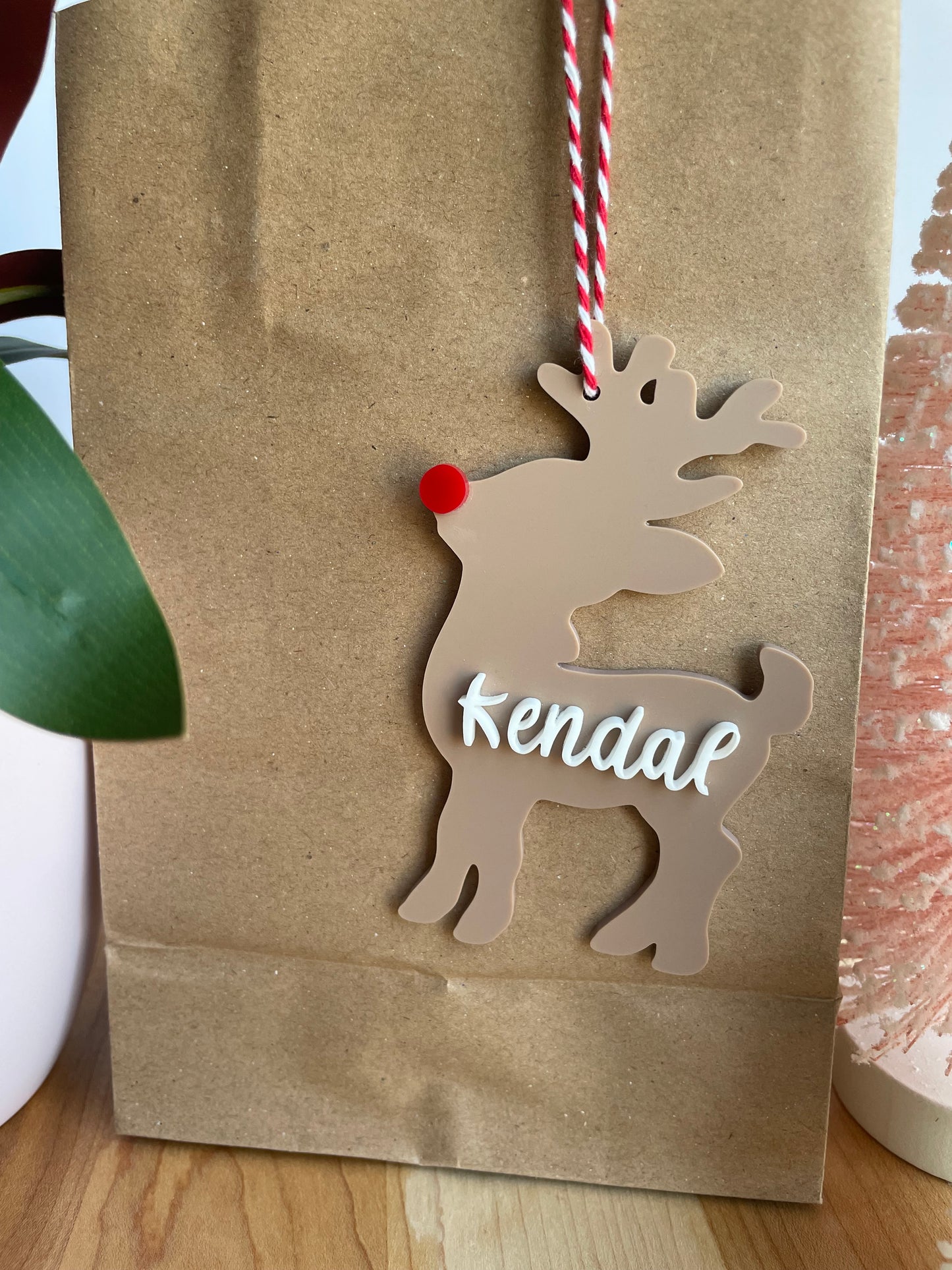 Custom Reindeer Gift Tag with Red and White Twine