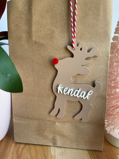 Custom Reindeer Gift Tag with Red and White Twine