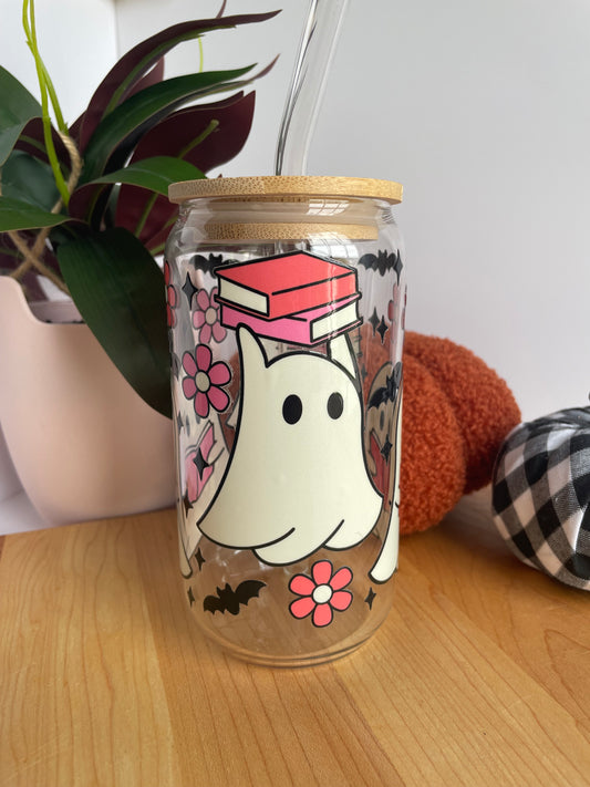 Bookish Ghosts Glass Cup with Bamboo Lid and Glass Straw