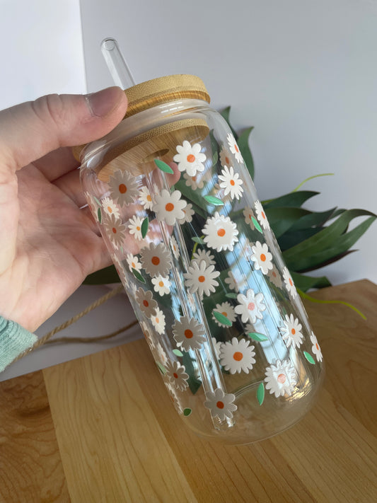 Pretty Daises Glass Cup with Bamboo Lid and Glass Straw