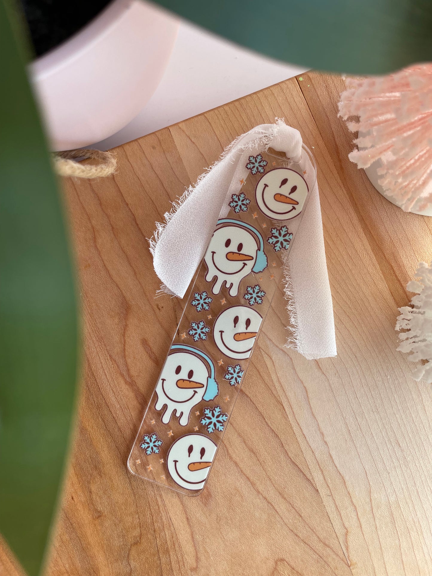 Snowmen and Snowflakes Clear Acrylic Bookmark with Chiffon Ribbon