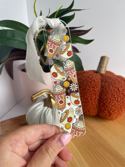 Happy Fall Coffee Shop Clear Acrylic Bookmark with Chiffon Ribbon
