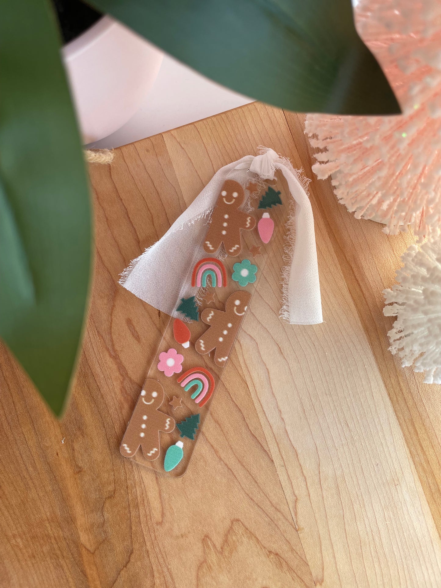 Gingerbread and Lightbulbs Clear Acrylic Bookmark with Chiffon Ribbon