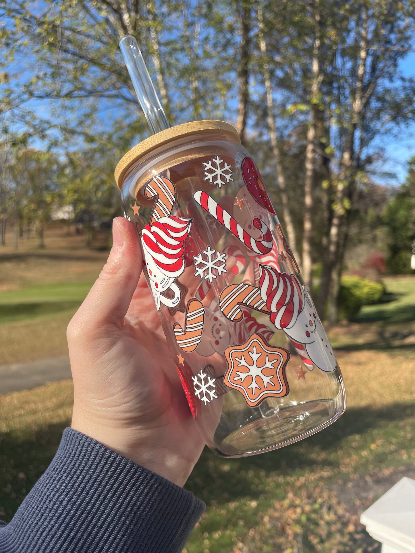 Holiday Cookies and Hot Chocolate Glass Cup with Bamboo Lid and Glass Straw