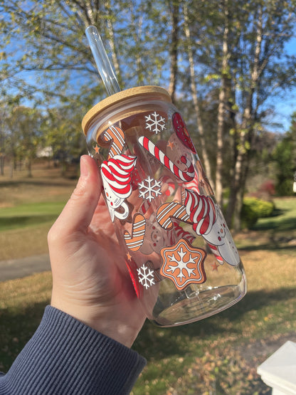 Holiday Cookies and Hot Chocolate Glass Cup with Bamboo Lid and Glass Straw