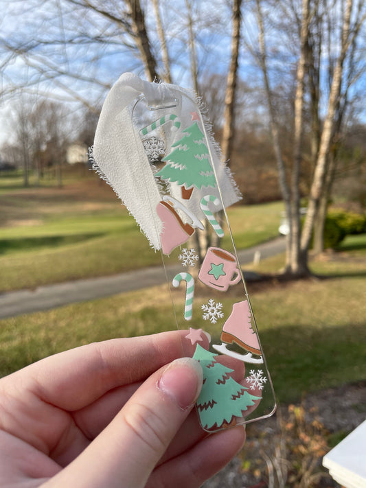 Pretty Pastel Winter Ice Skating Clear Acrylic Bookmark with Chiffon Ribbon