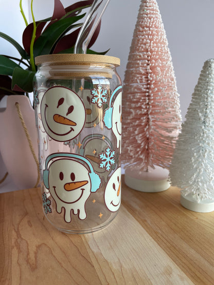 Winter Snowmen and Snowflakes Glass Cup with Bamboo Lid and Glass Straw