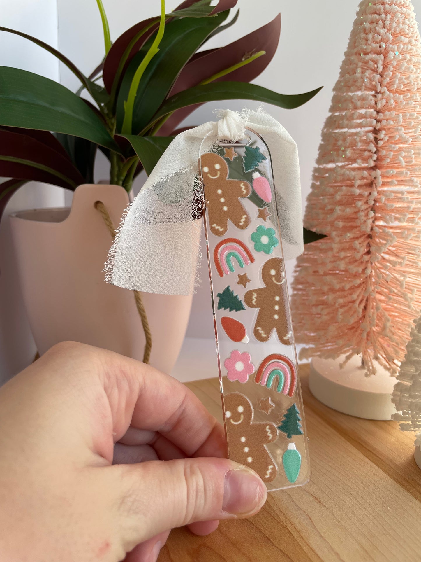 Gingerbread and Lightbulbs Clear Acrylic Bookmark with Chiffon Ribbon