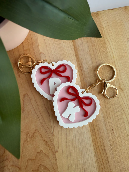 Pink Scalloped Heart with a Bow Custom Acrylic Keychain with Gold Features