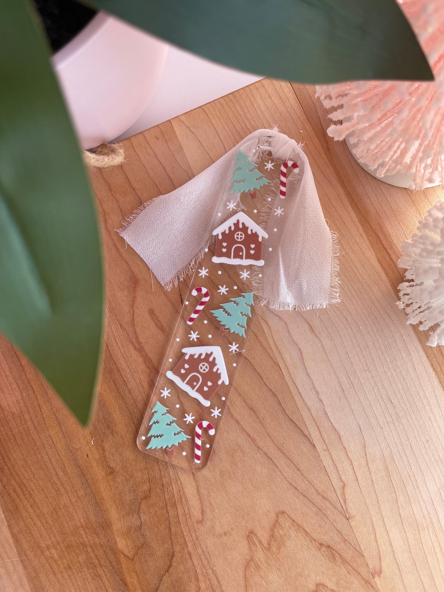 Gingerbread Houses and Snowy Trees Clear Acrylic Bookmark with Chiffon Ribbon
