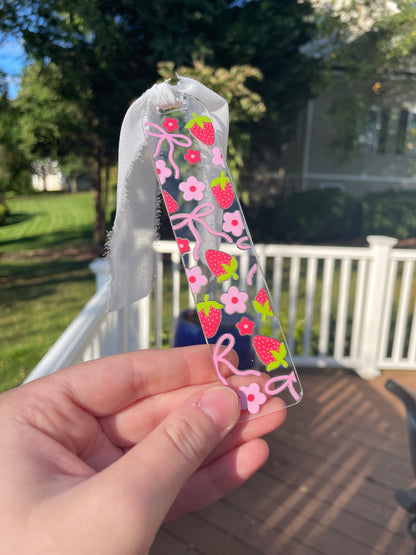 Strawberries and Pink Bows Cute Clear Acrylic Bookmark with Chiffon Ribbon