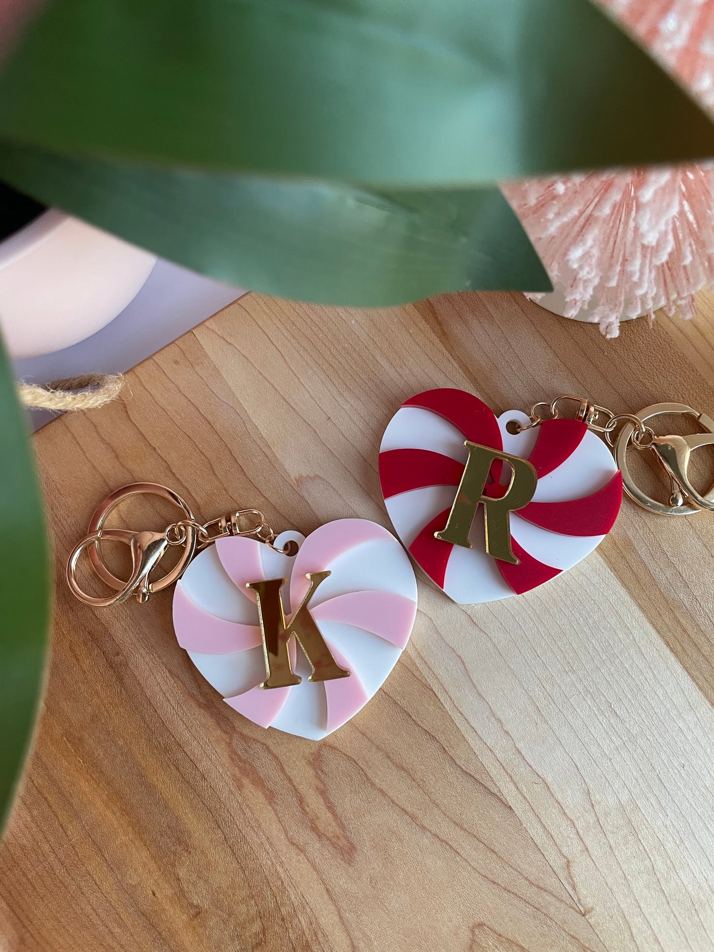 Peppermint Heart Keychain with Gold Features
