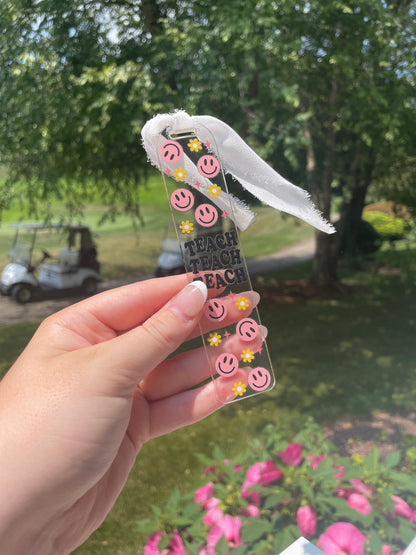 Teaching Smiley Face and Flowers Clear Acrylic Bookmark with Chiffon Ribbon