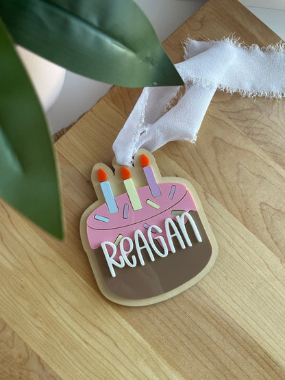 Birthday Cake Acrylic Gift Tag with Chiffon Ribbon